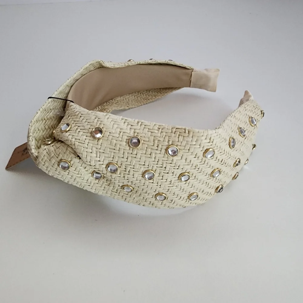 112. Natural Cream Stone Embellished Straw Twisted Headband